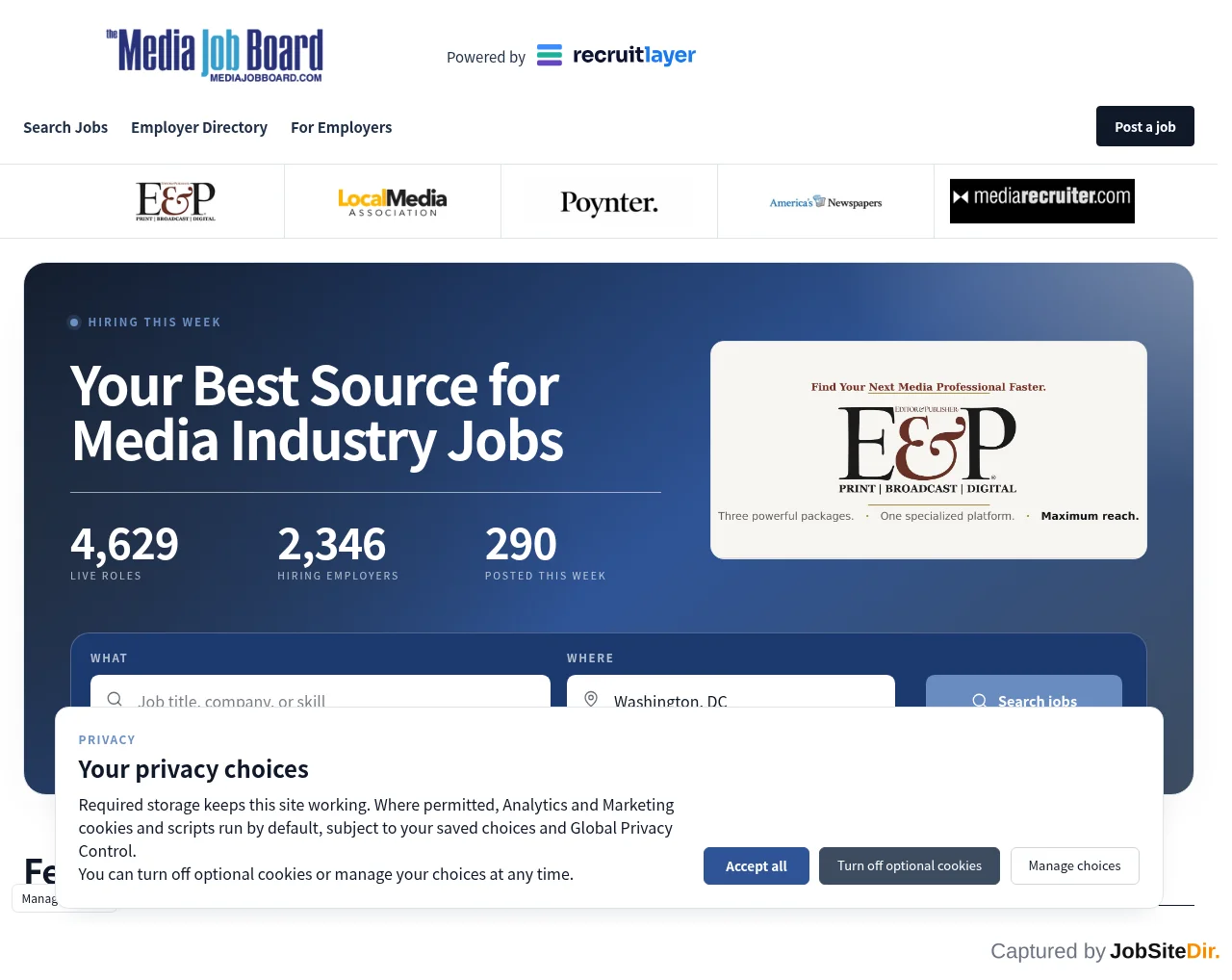 The Media Job Board website screenshot