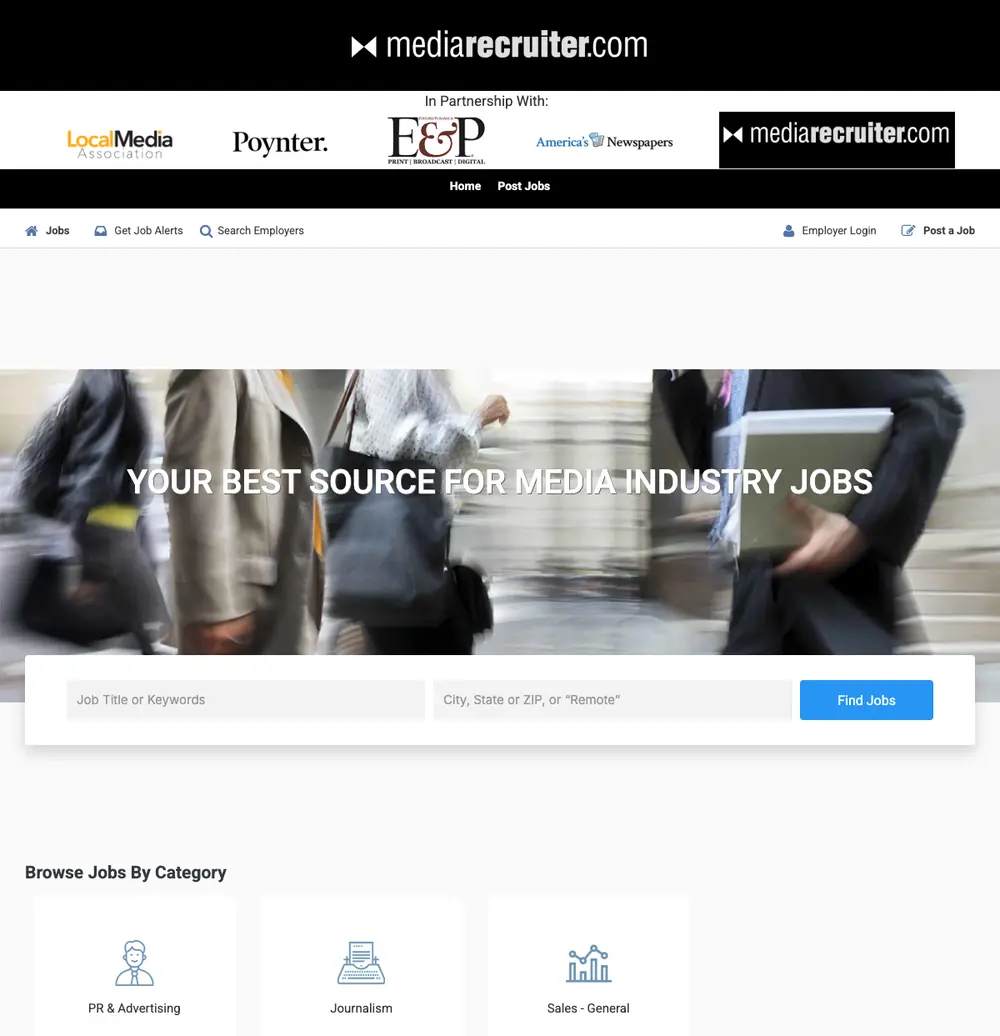 MediaRecruiter Jobs job board platform screenshot showing job search interface