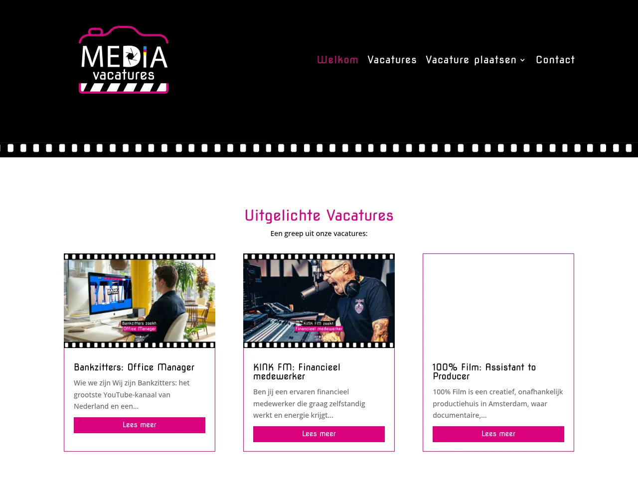 Mediavacatures.com job board platform screenshot showing job search interface