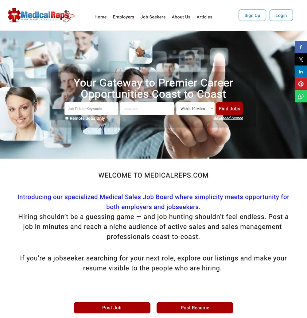 MedicalReps.com job board platform screenshot showing job search interface