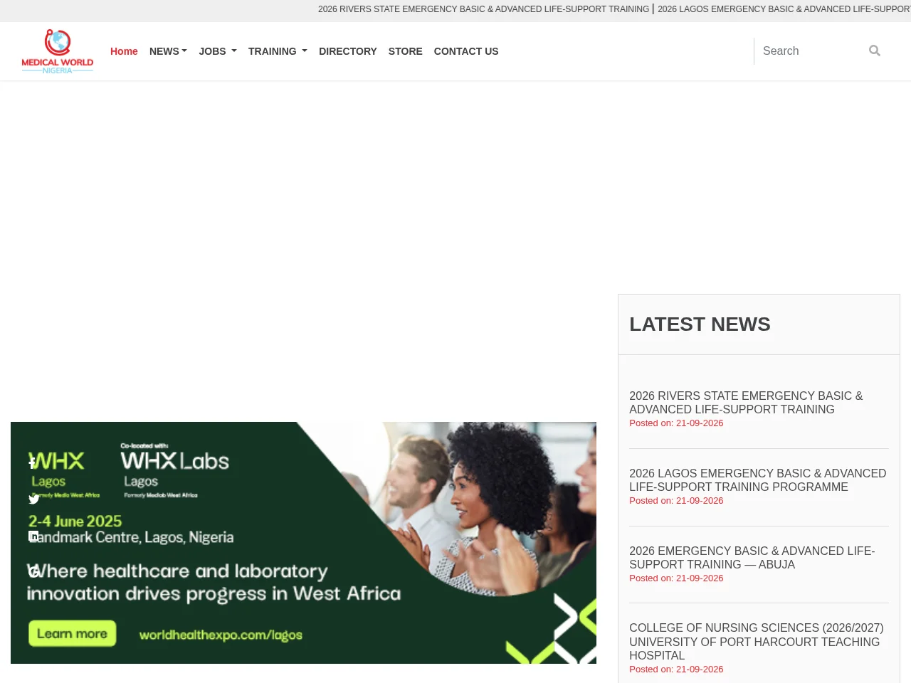 Medical World Nigeria job board platform screenshot showing job search interface