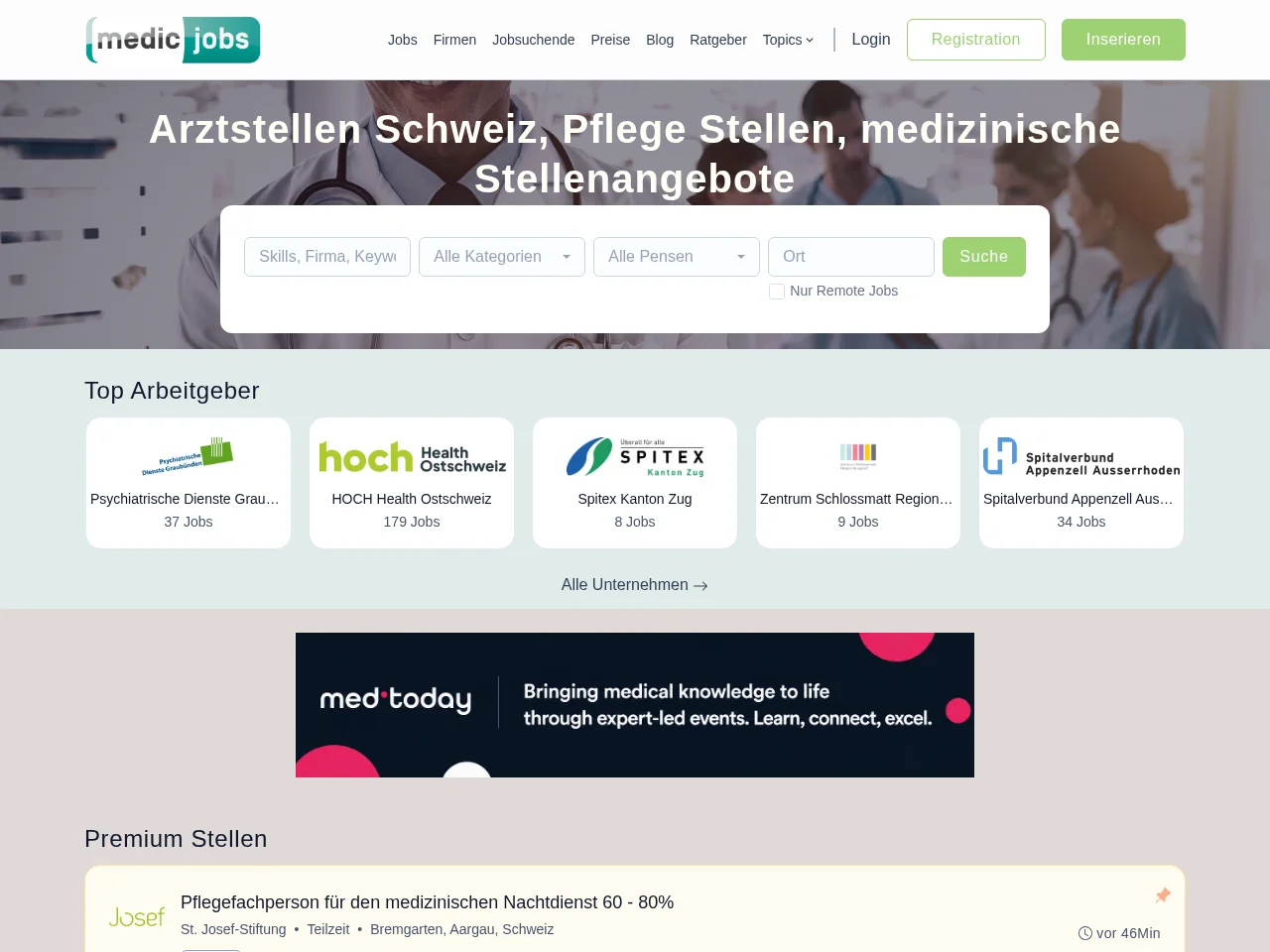 medicjobs.ch job board platform screenshot showing job search interface