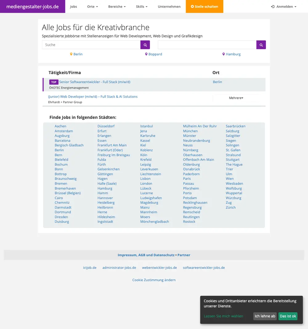 mediengestalter-jobs.de job board platform screenshot showing job search interface