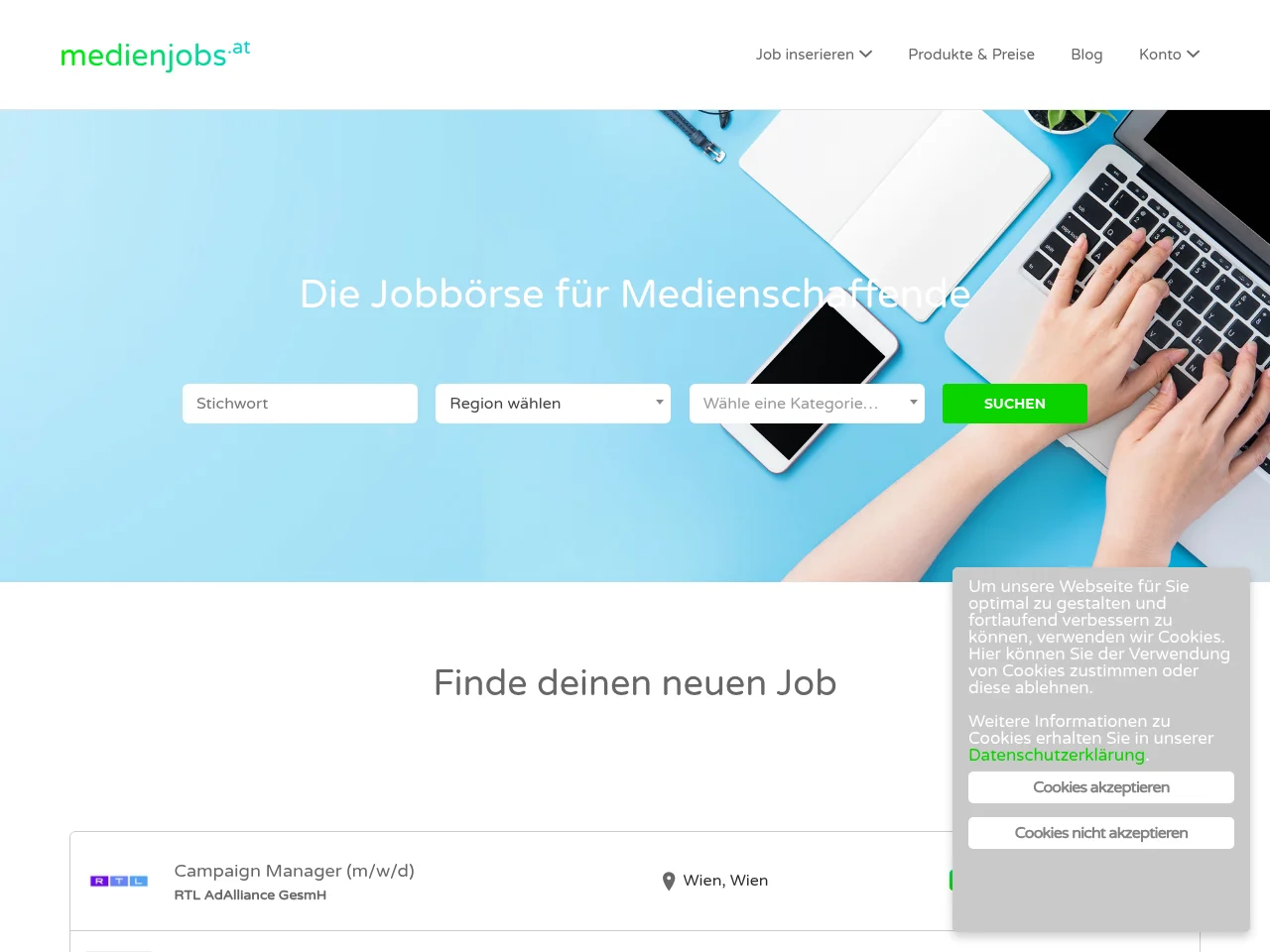 medienjobs.at screenshot medienjobs.at job board platform screenshot showing job search interface
