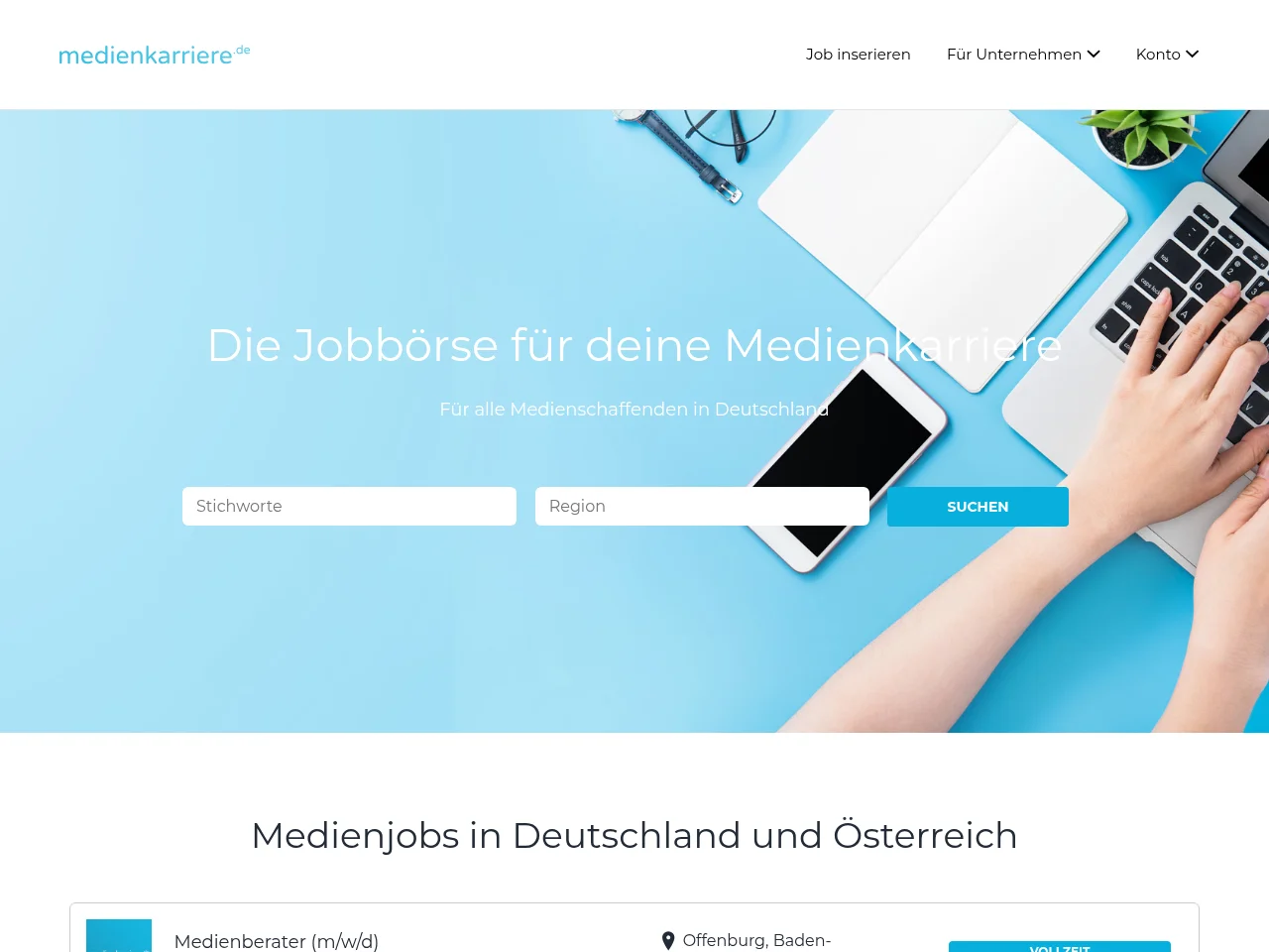 medienkarriere.de job board platform screenshot showing job search interface