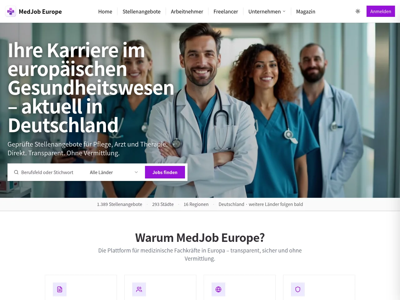 MedJob Europe job board platform screenshot showing job search interface