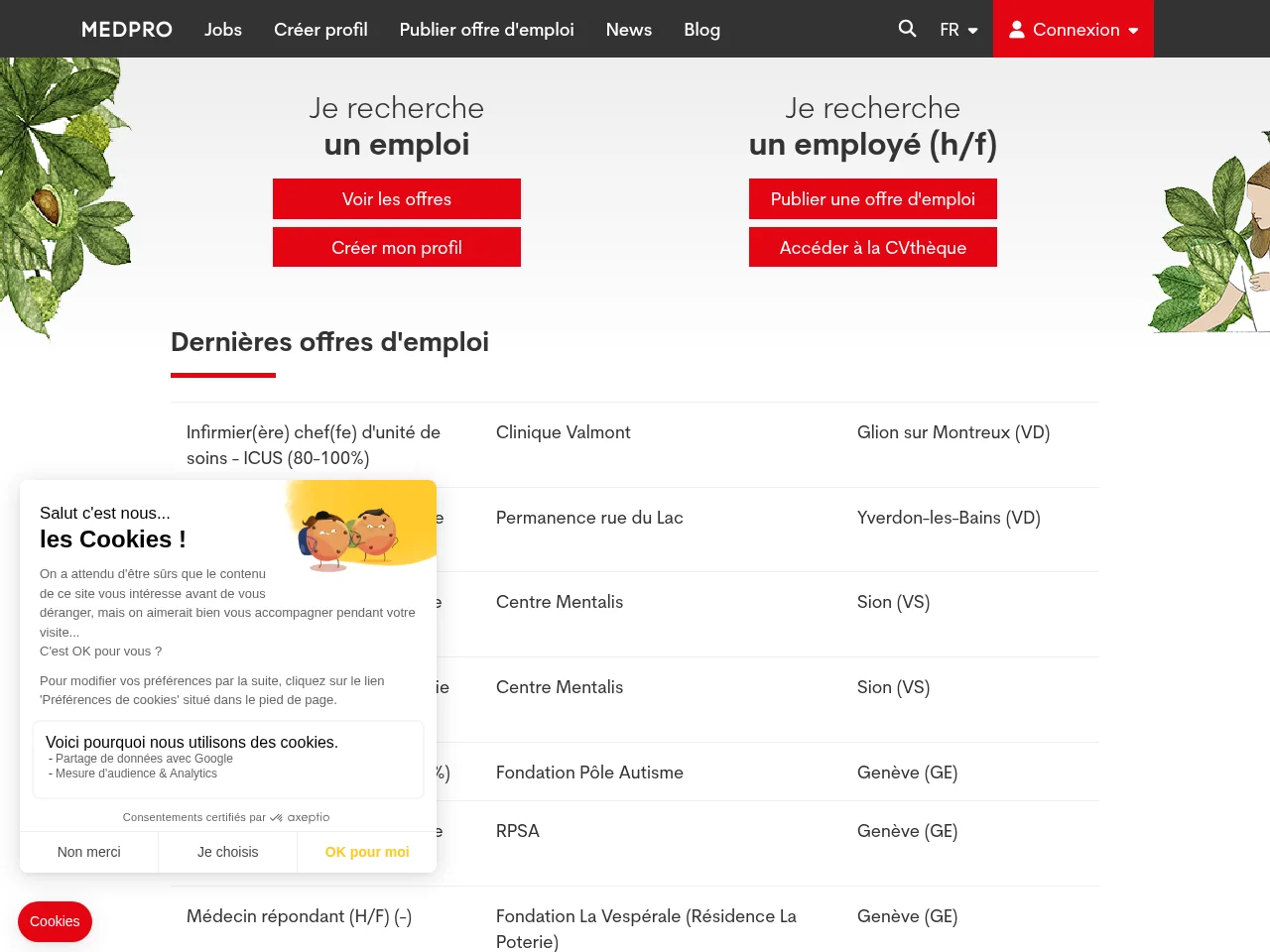 Medpro.ch job board platform screenshot showing job search interface