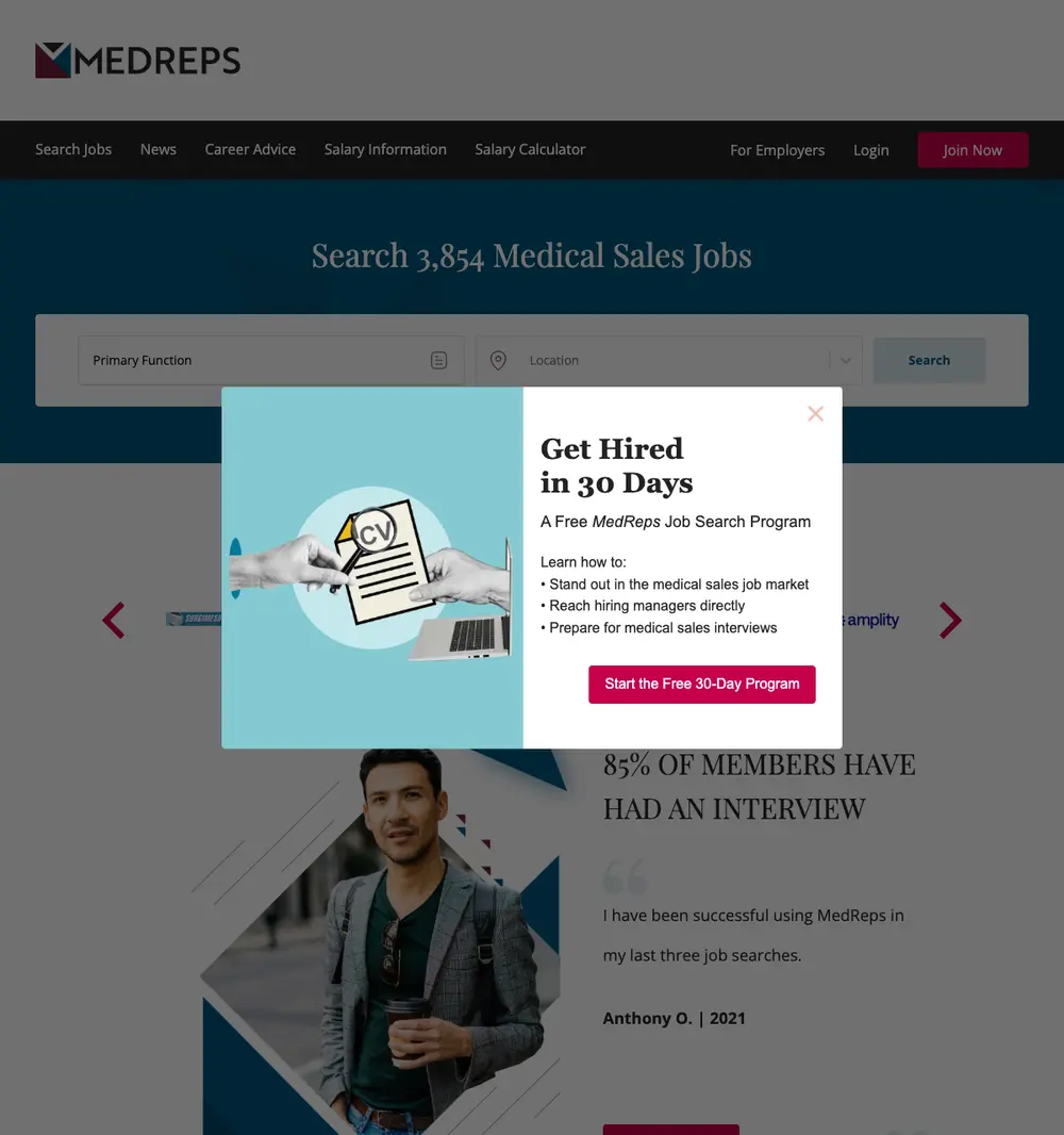 MedReps job board platform screenshot showing job search interface