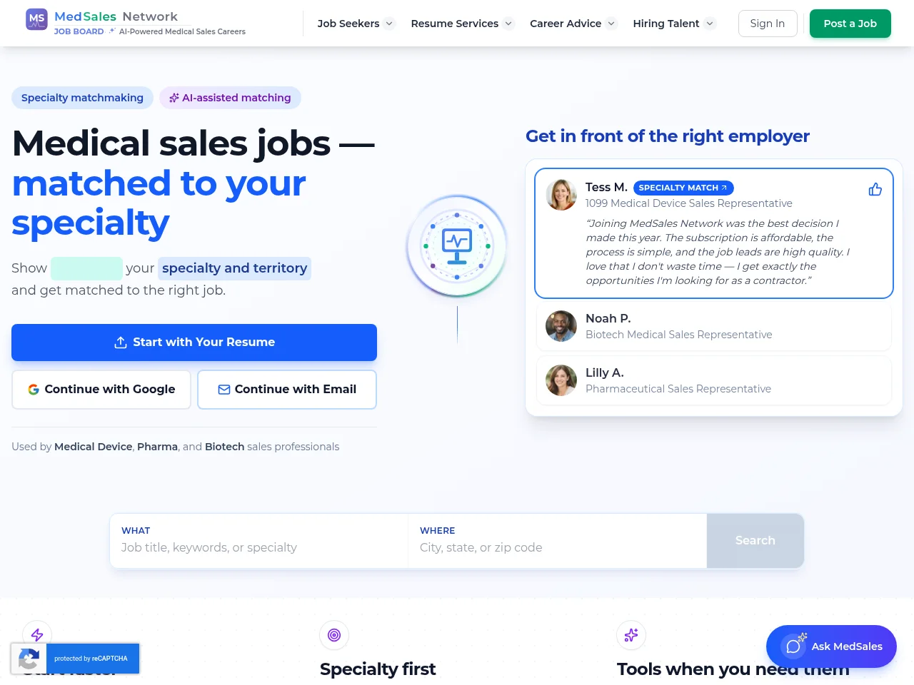 MedSales Network job board platform screenshot showing job search interface
