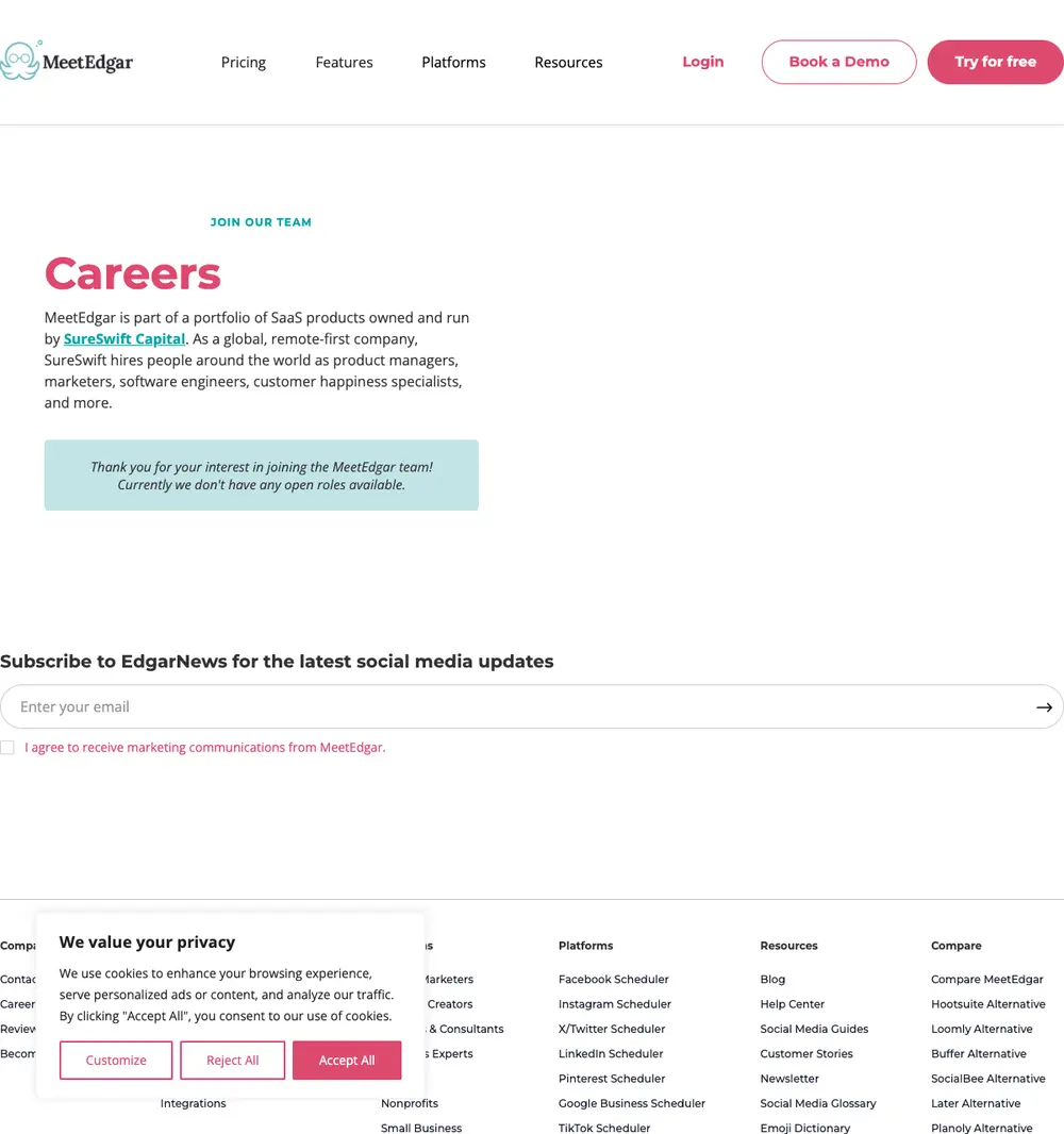 MeetEdgar job board platform screenshot showing job search interface