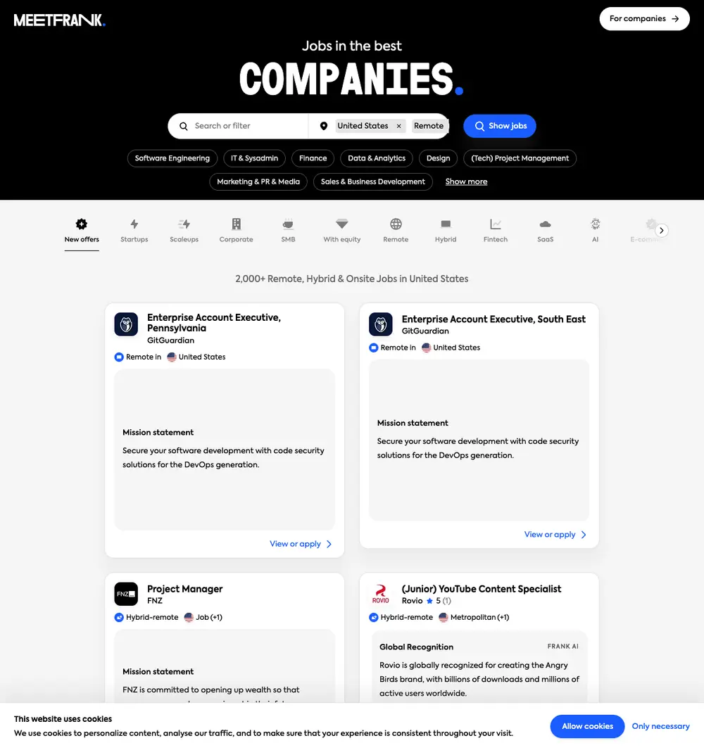 MeetFrank job board platform screenshot showing job search interface