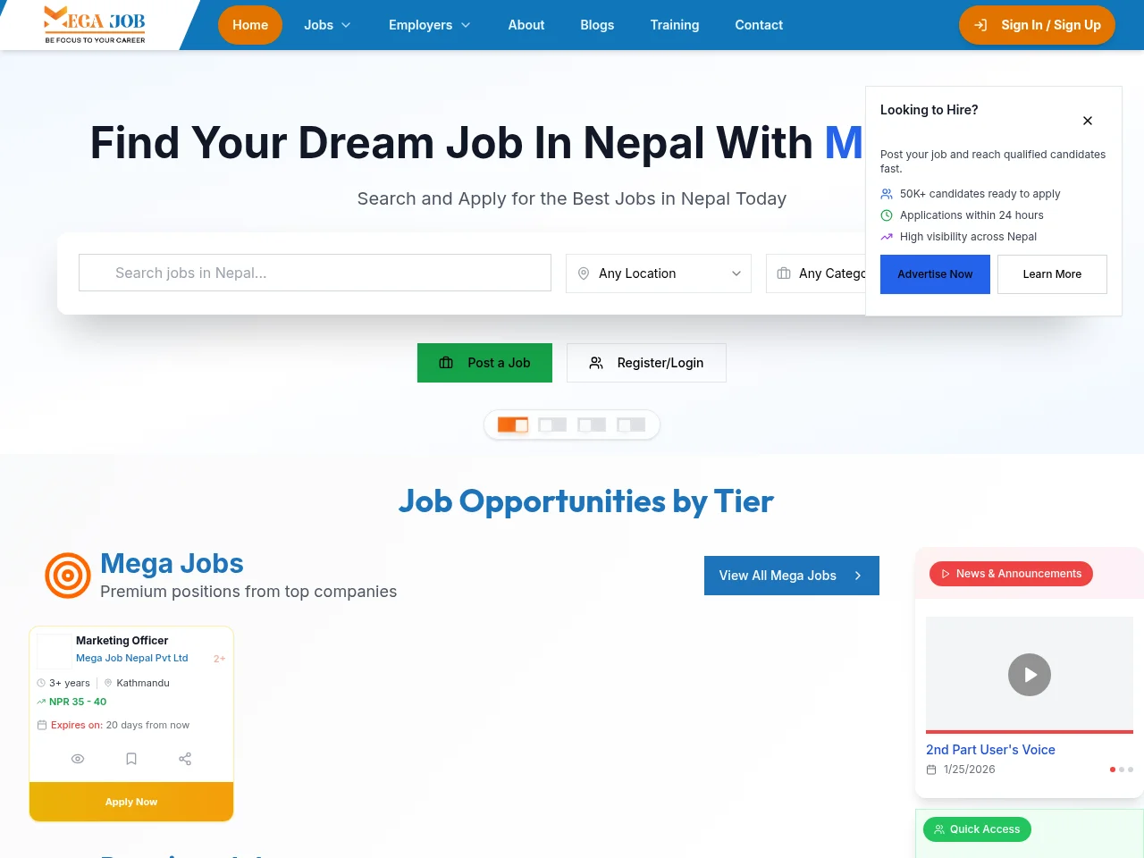 MegaJob Nepal job board platform screenshot showing job search interface