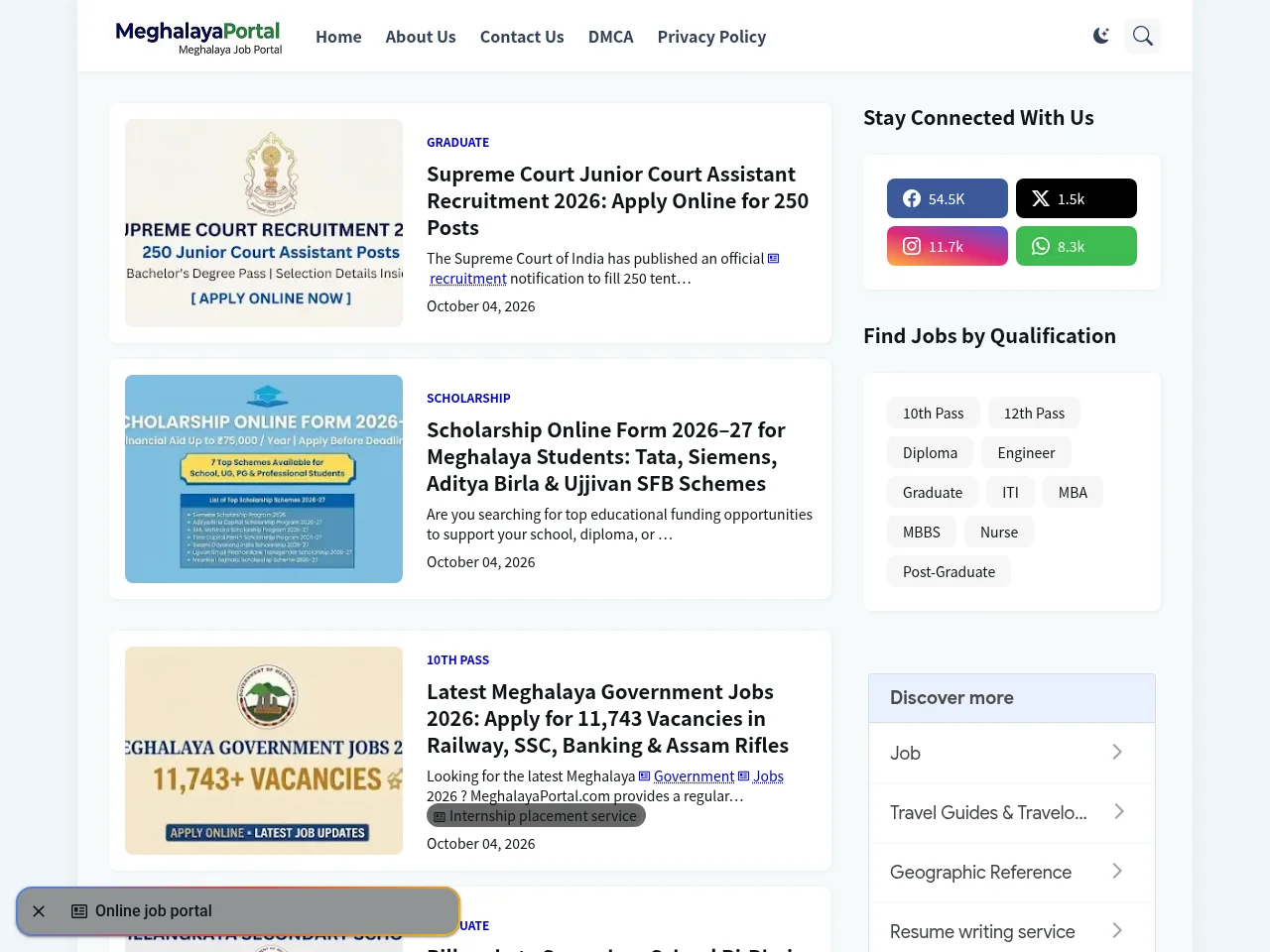 MeghalayaPortal.com job board platform screenshot showing job search interface