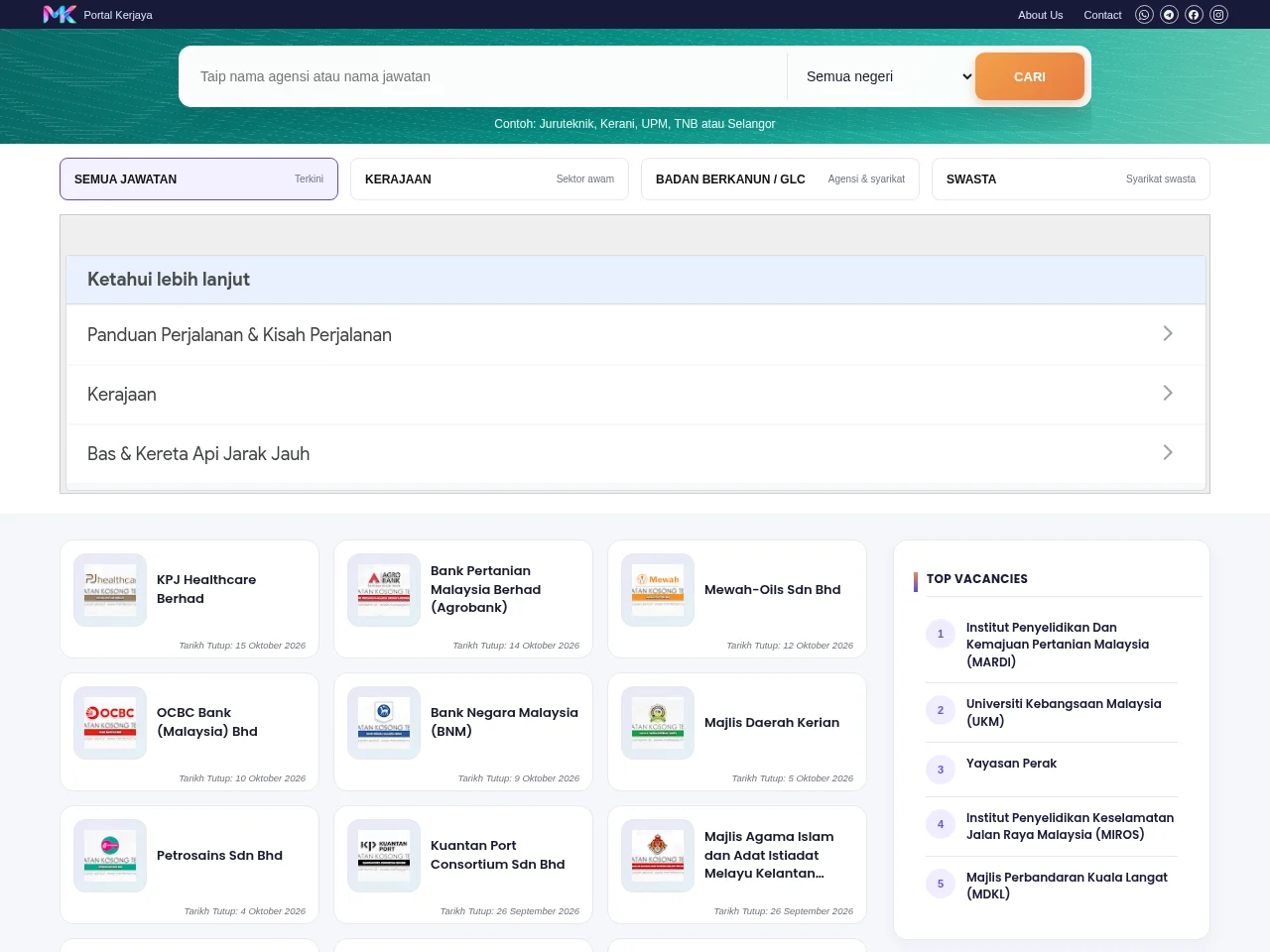 MehKerja job board platform screenshot showing job search interface
