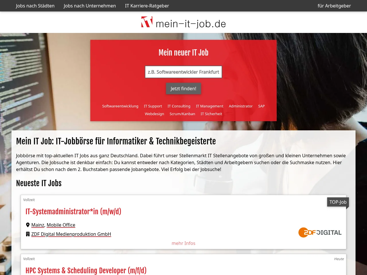 Mein IT Job job board platform screenshot showing job search interface