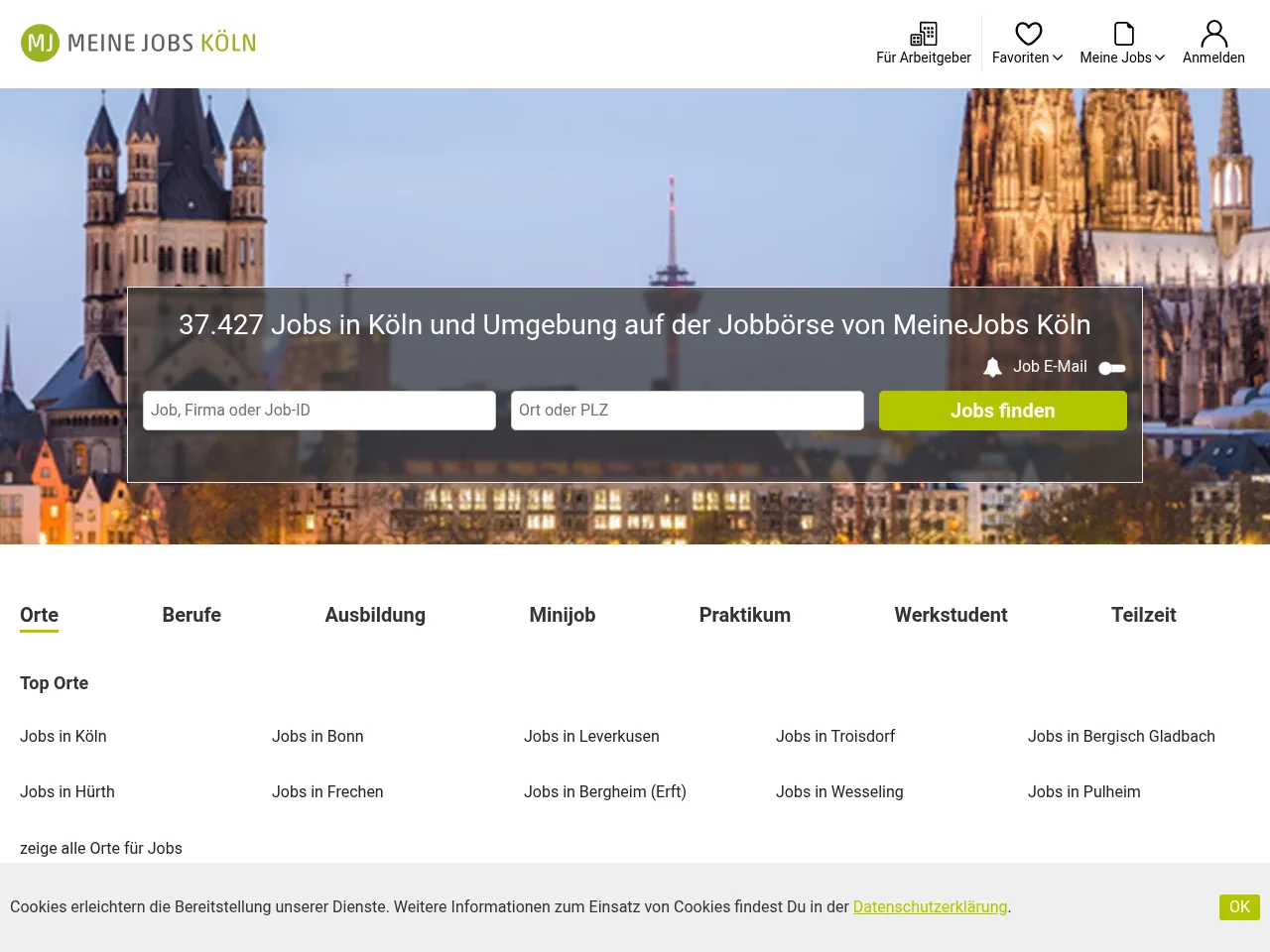 MeineJobs Köln job board platform screenshot showing job search interface