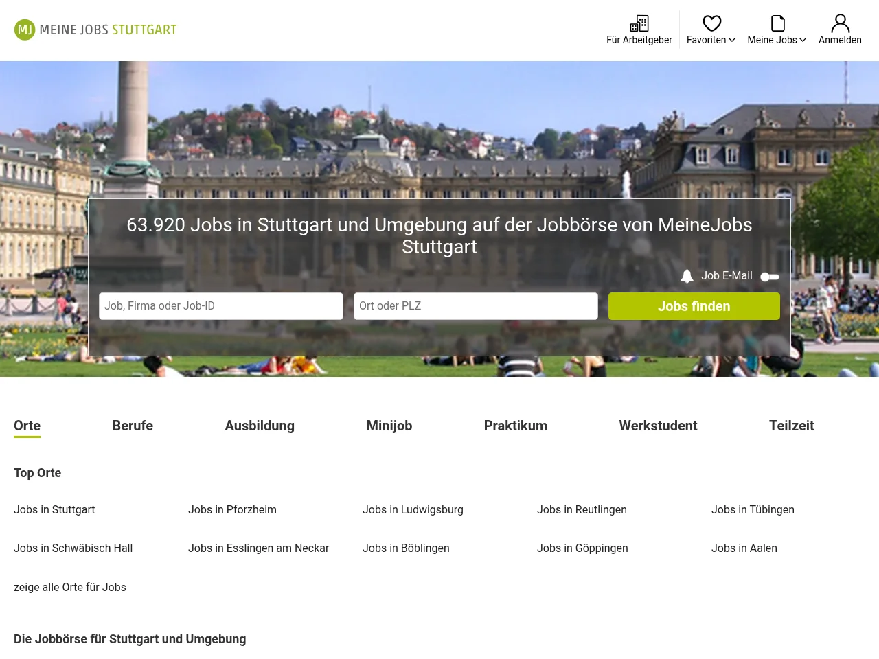 MeineJobs Stuttgart job board platform screenshot showing job search interface