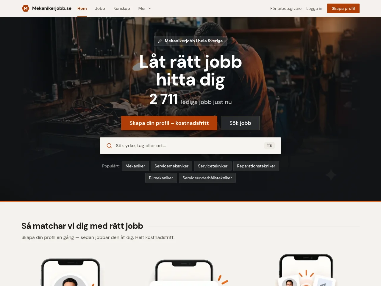 Mekanikerjobb job board platform screenshot showing job search interface