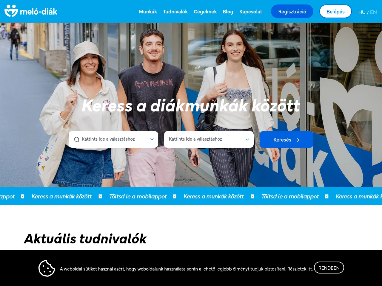 Meló-Diák Iskolaszövetkezet job board platform screenshot showing job search interface