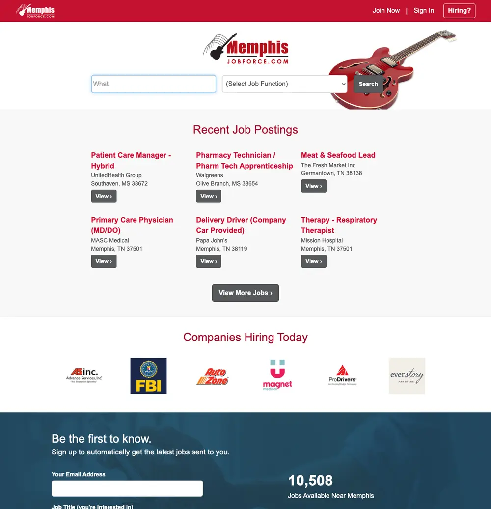 Memphis Job Force job board platform screenshot showing job search interface