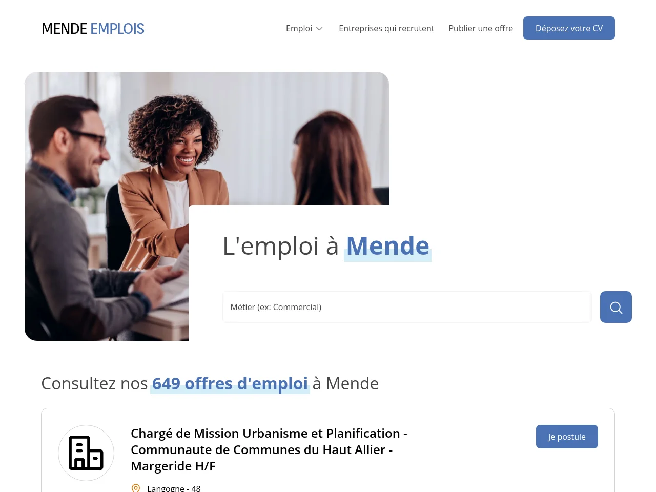 Mende Emplois screenshot Mende Emplois job board platform screenshot showing job search interface