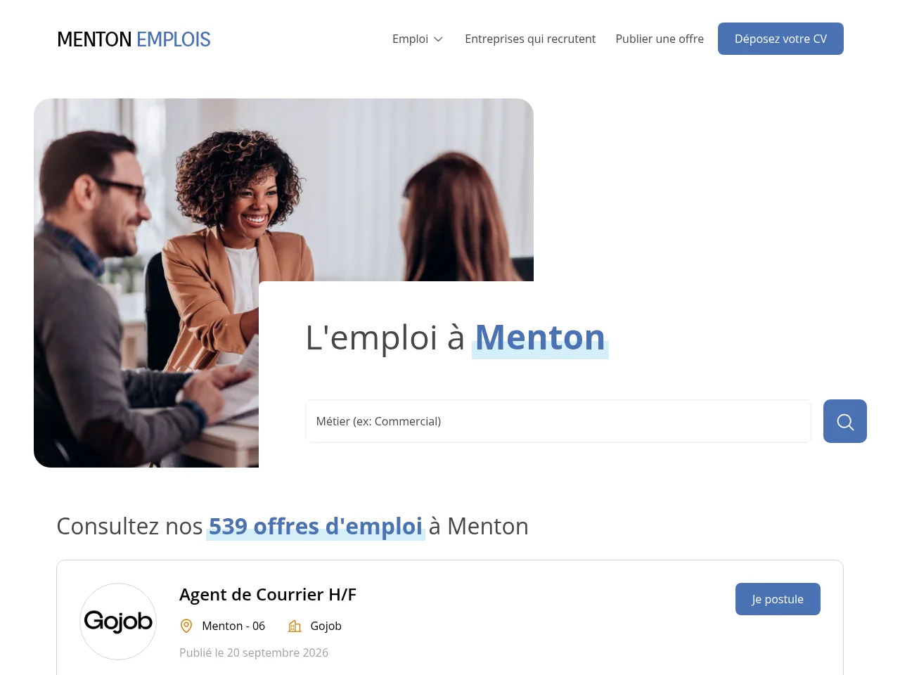 Menton Emplois screenshot Menton Emplois job board platform screenshot showing job search interface