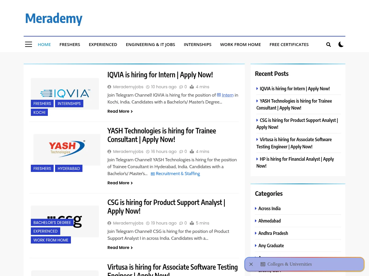 Merademy job board platform screenshot showing job search interface
