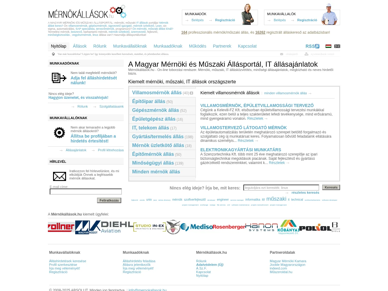 Mérnökállások.hu job board platform screenshot showing job search interface