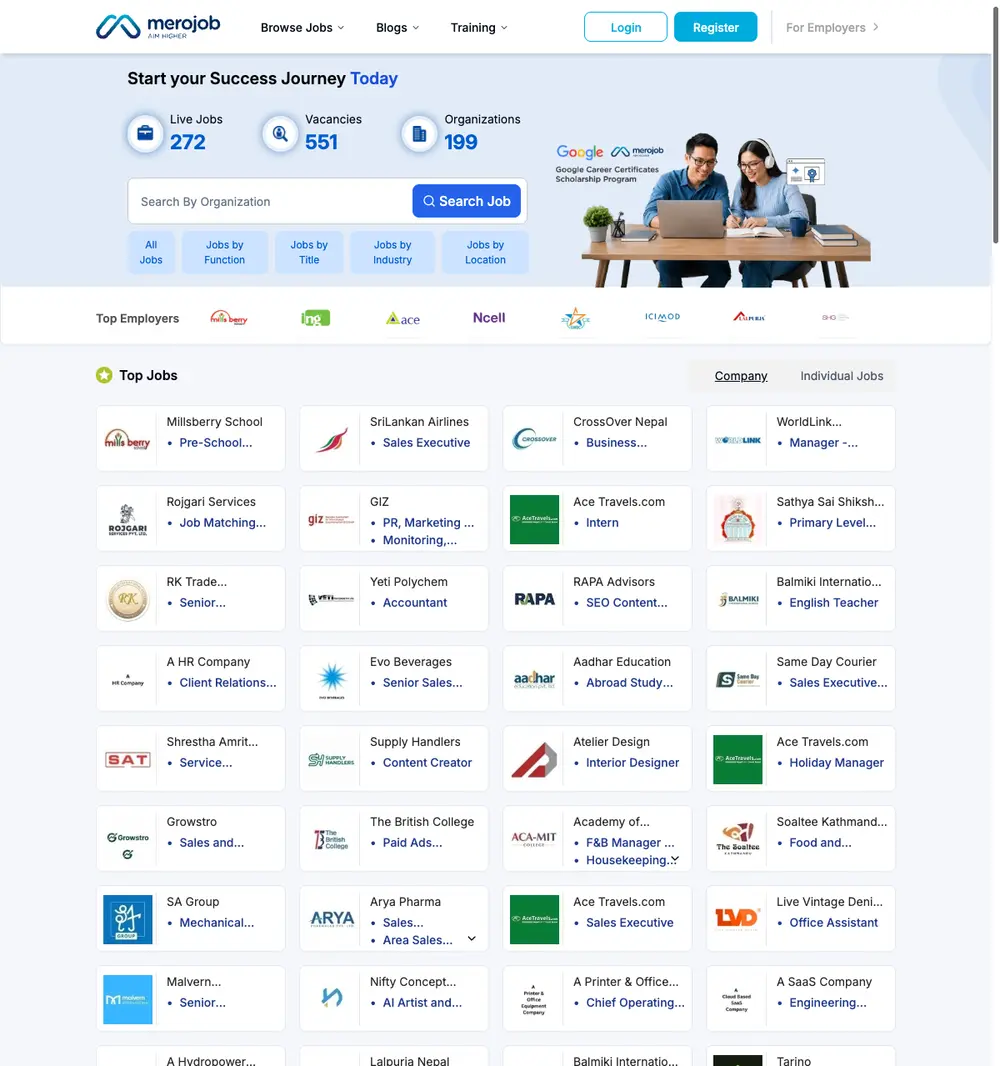 merojob.com job board platform screenshot showing job search interface