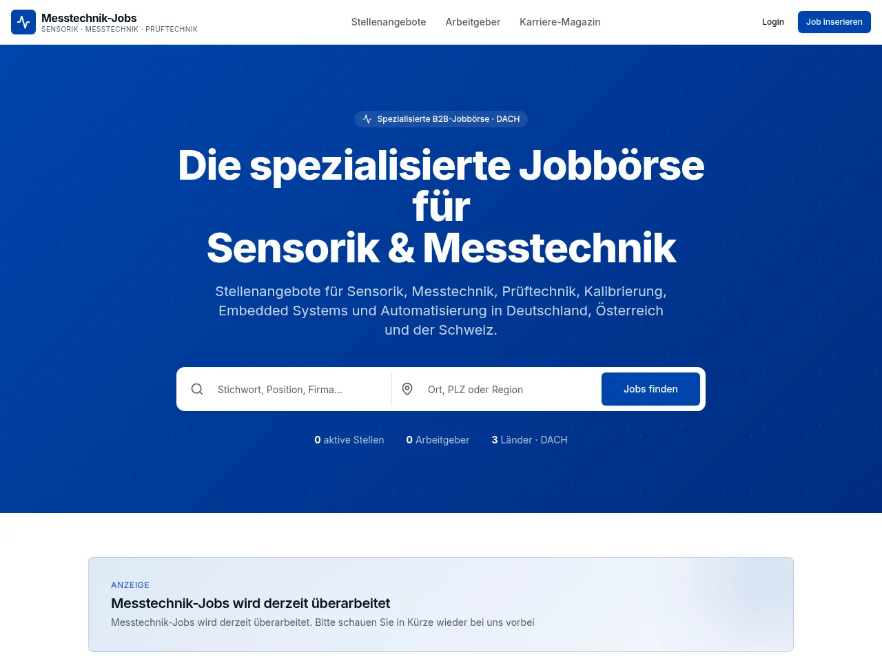 Messtechnik-Jobs job board platform screenshot showing job search interface