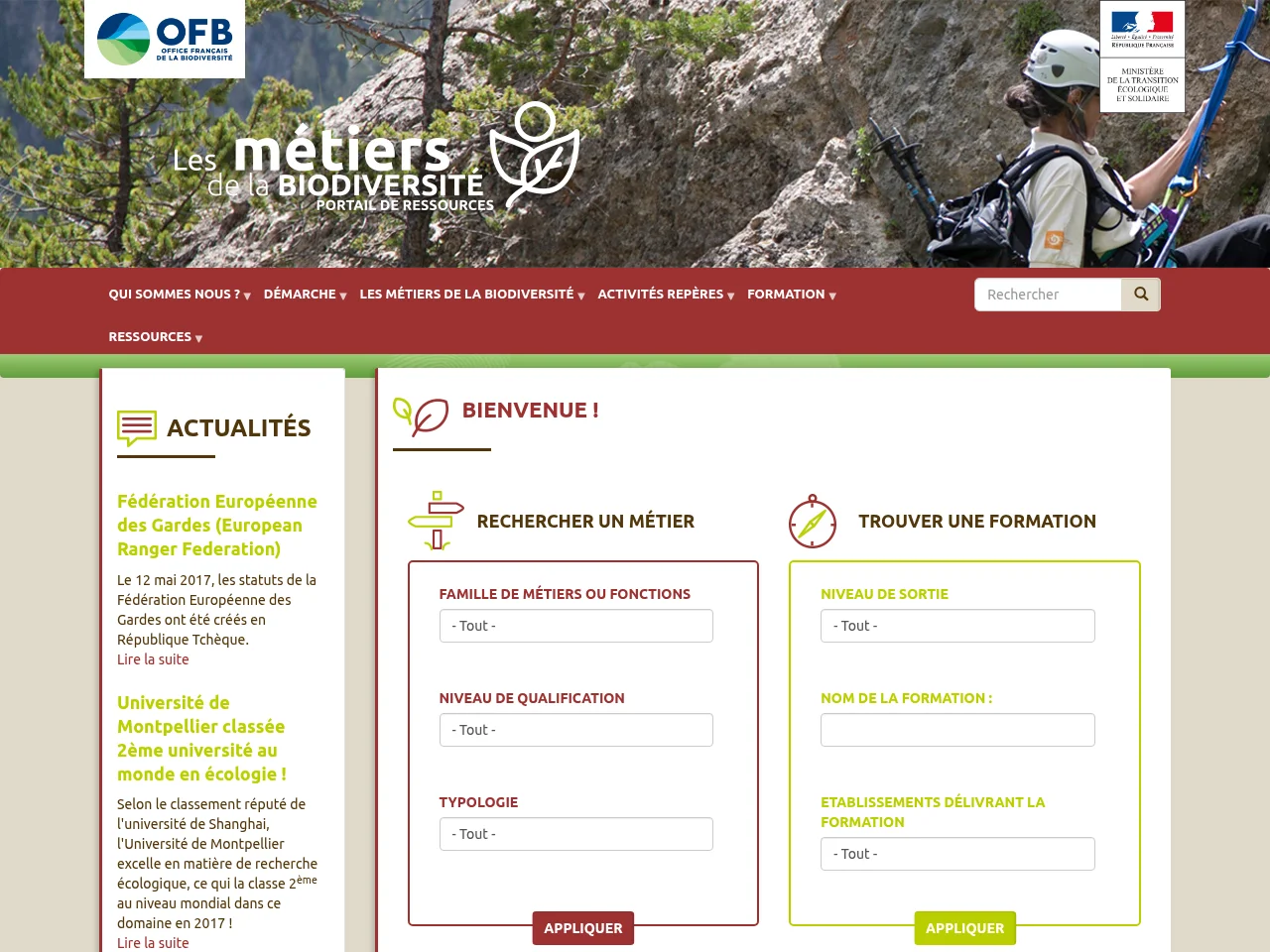 Métiers biodiversité job board platform screenshot showing job search interface