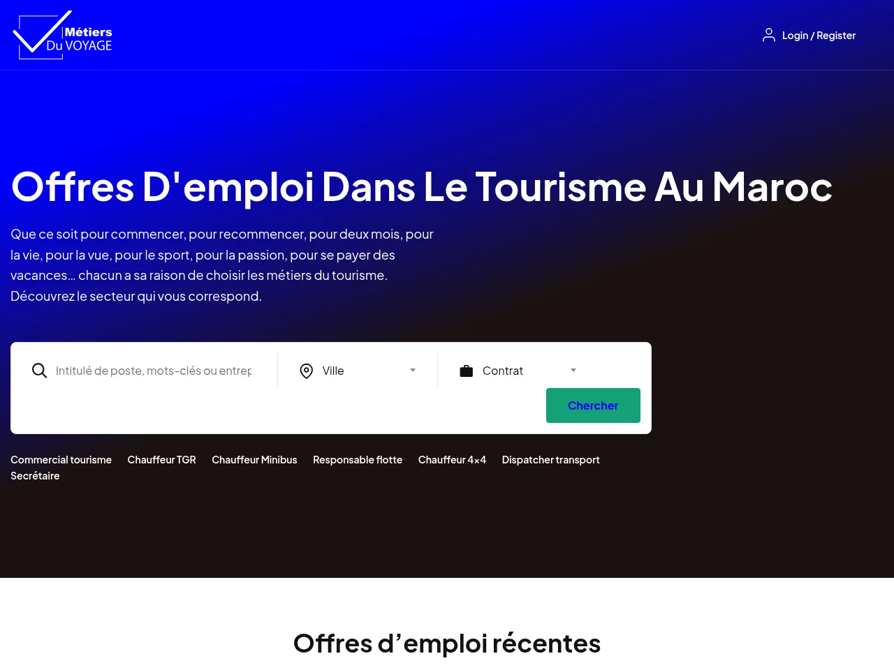 Métiers du voyage job board platform screenshot showing job search interface