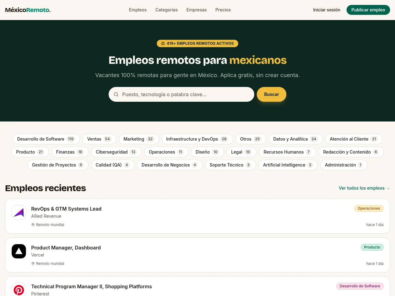 México Remoto screenshot México Remoto job board platform screenshot showing job search interface