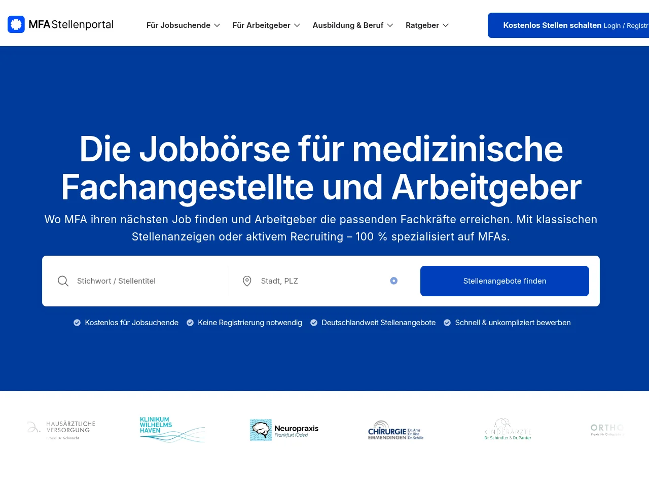 MFA Stellenportal job board platform screenshot showing job search interface