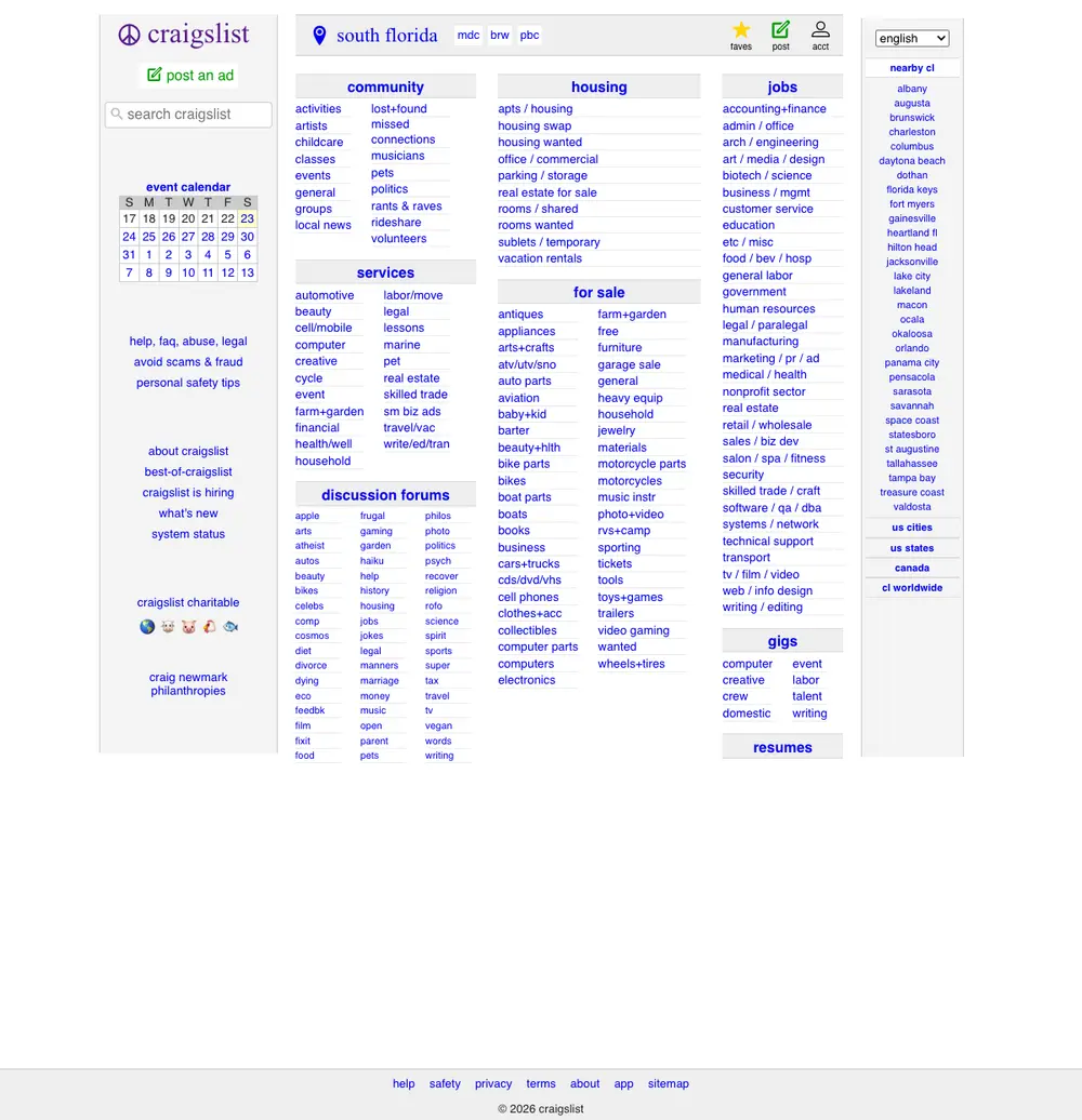 craigslist job board platform screenshot showing job search interface