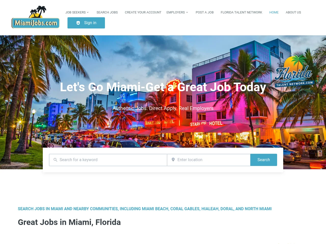 MiamiJobs job board platform screenshot showing job search interface