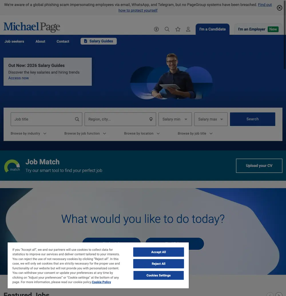 Michael Page UK job board platform screenshot showing job search interface