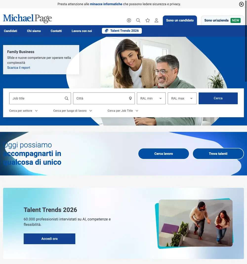 Michael Page Italia job board platform screenshot showing job search interface