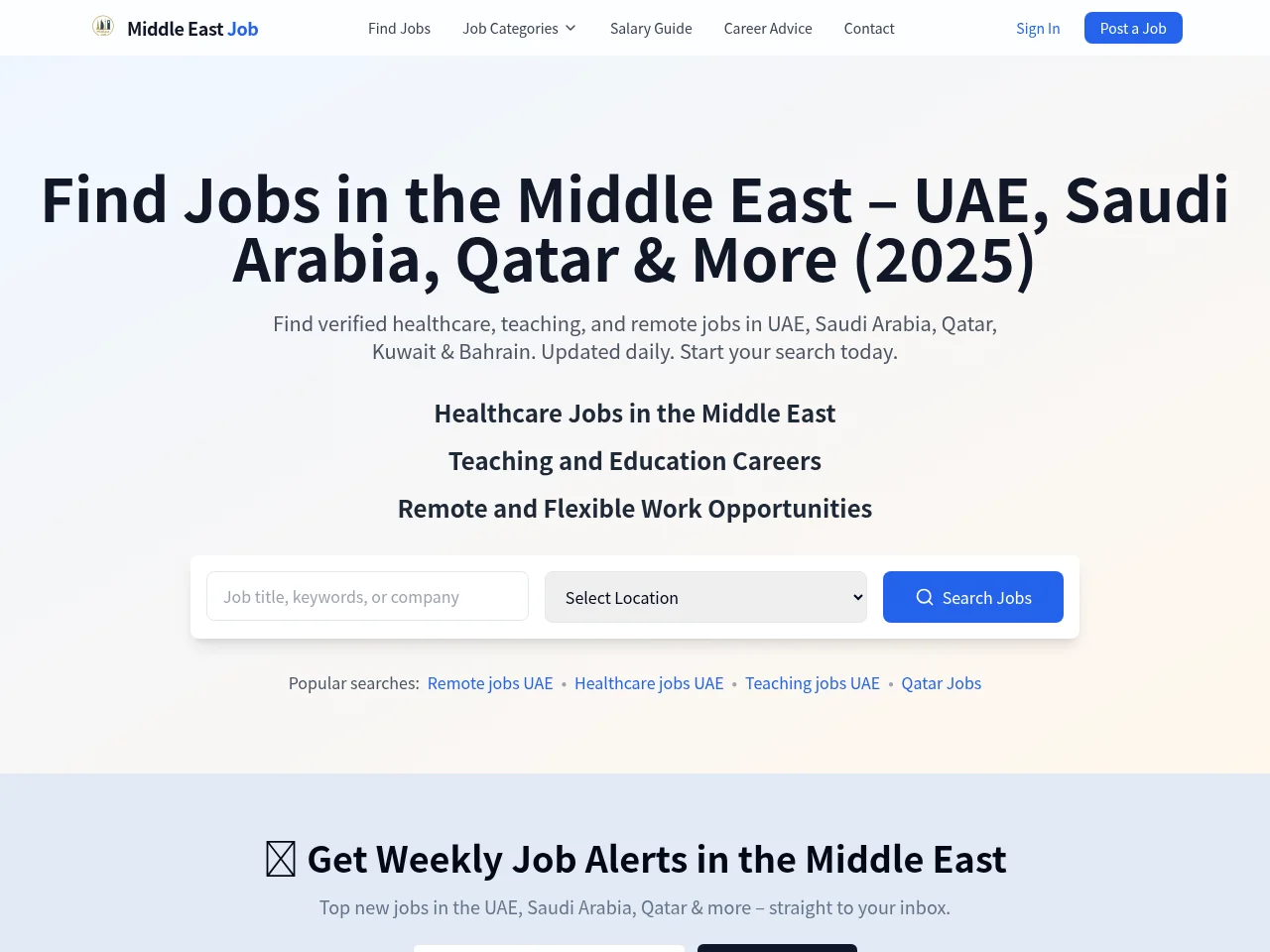 MidEastJob.com job board platform screenshot showing job search interface
