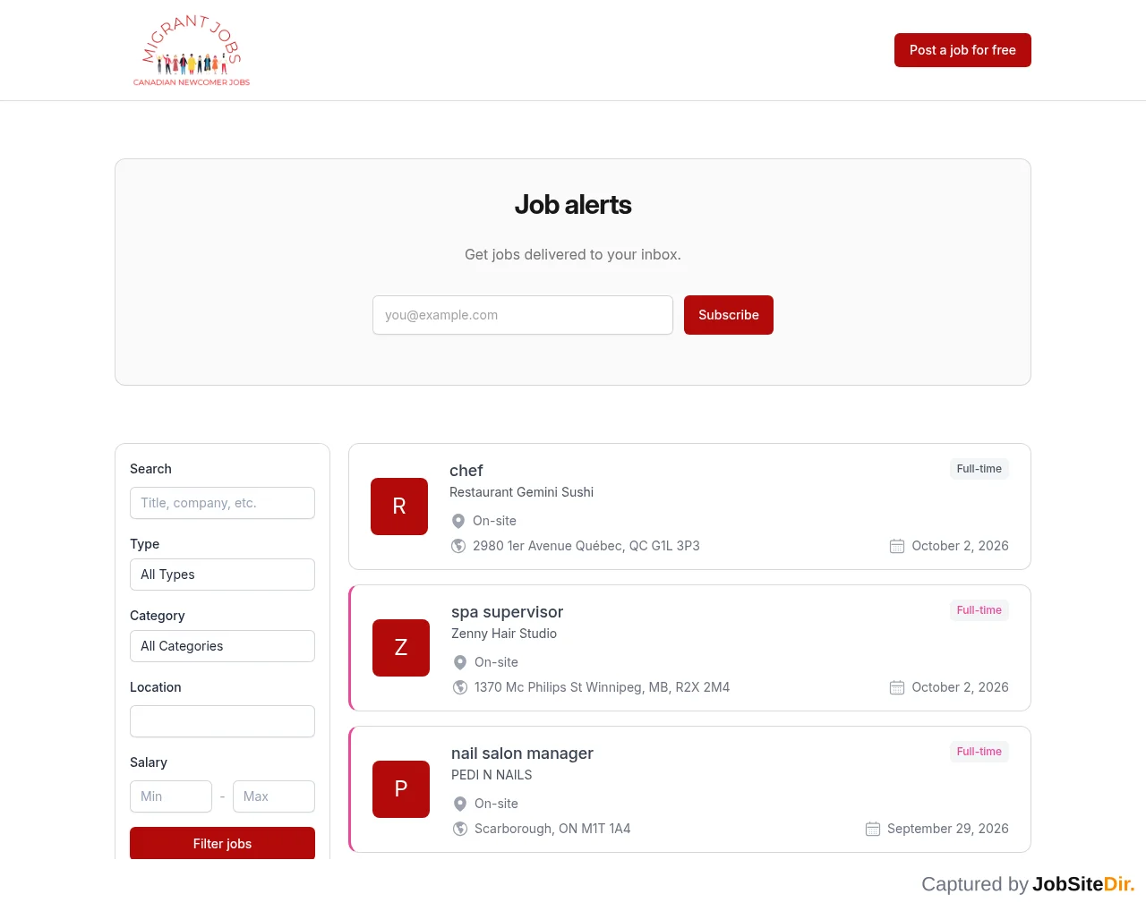 Canada Migrant Jobs website screenshot