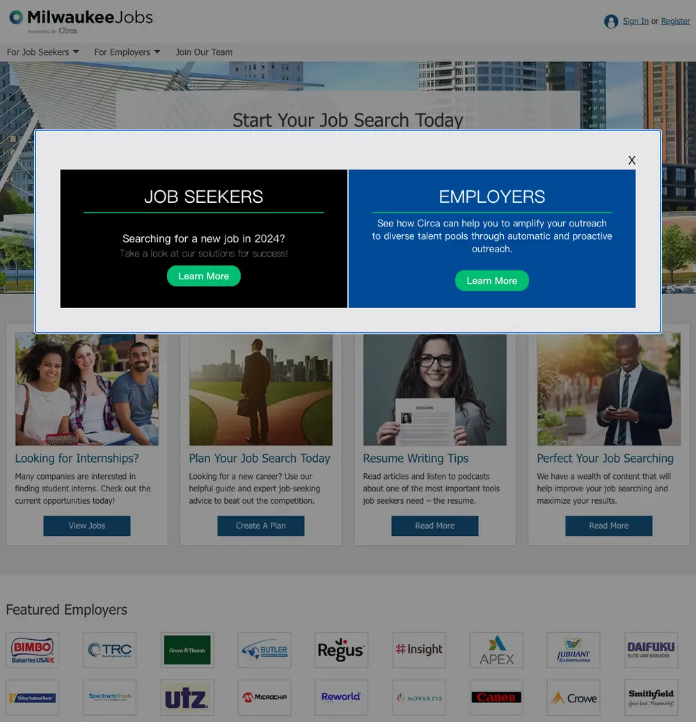 MilwaukeeJobs.com job board platform screenshot showing job search interface