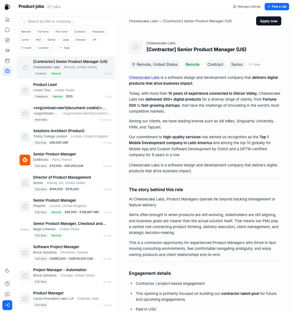 Mind the Product job board platform screenshot showing job search interface