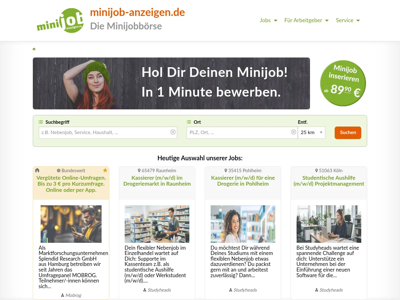 minijob-anzeigen.de job board platform screenshot showing job search interface