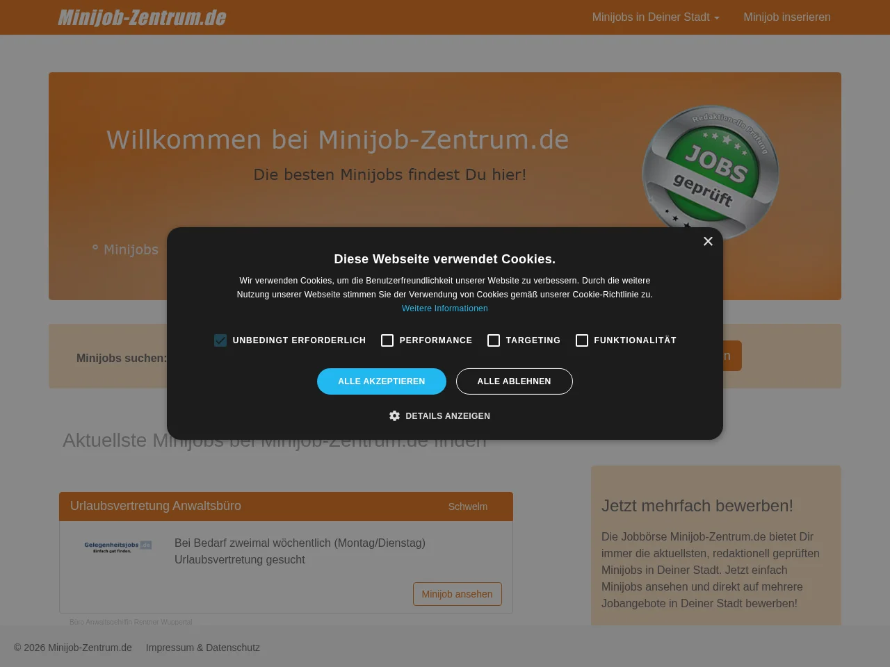 Minijob-Zentrum.de job board platform screenshot showing job search interface