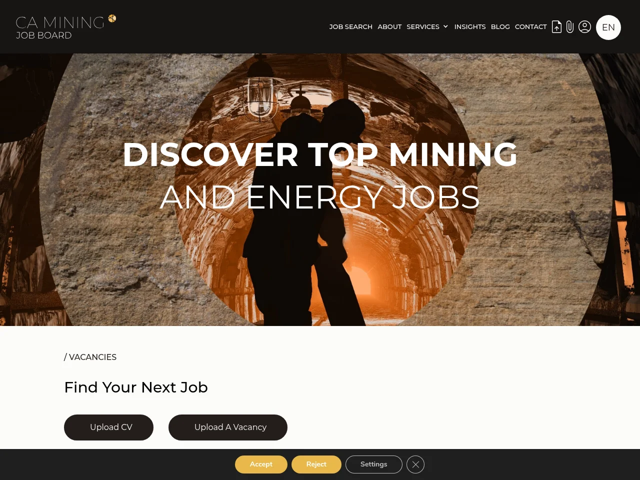 CA Mining screenshot CA Mining job board platform screenshot showing job search interface