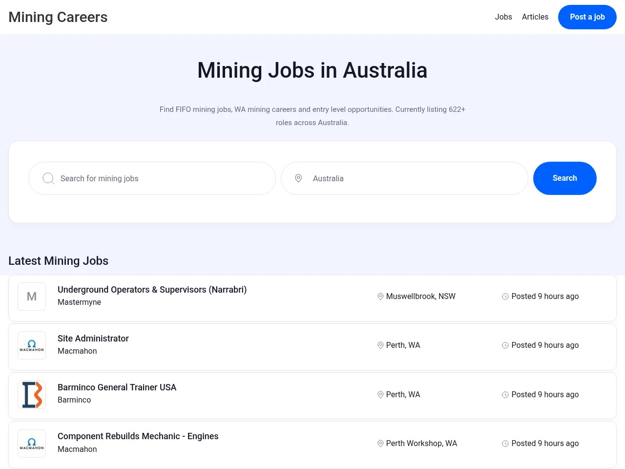 MiningCareers.com.au job board platform screenshot showing job search interface