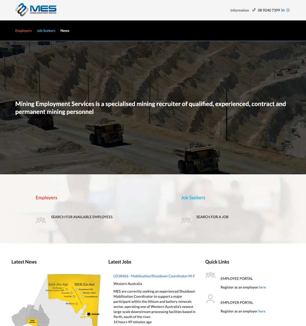Mining Employment Services job board platform screenshot showing job search interface