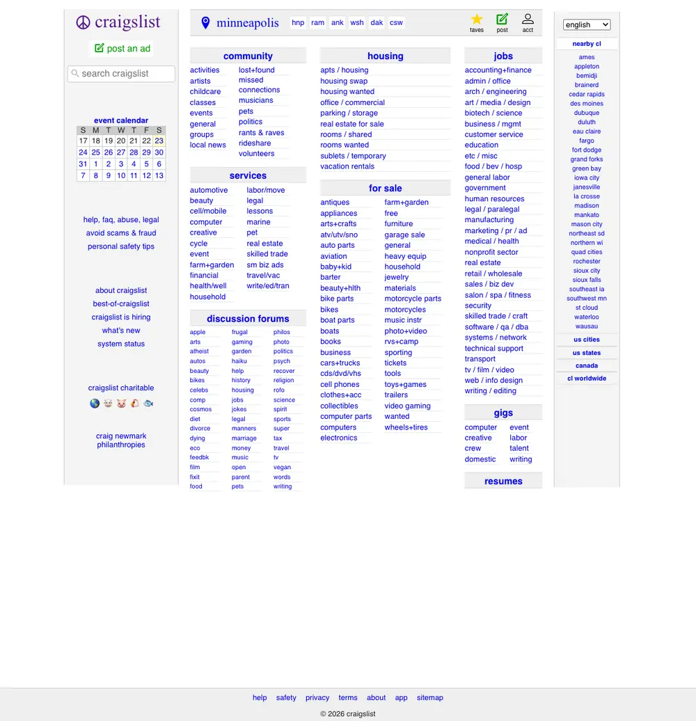 craigslist job board platform screenshot showing job search interface
