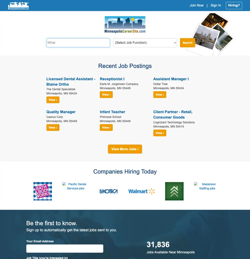 MinneapolisCareerSite job board platform screenshot showing job search interface