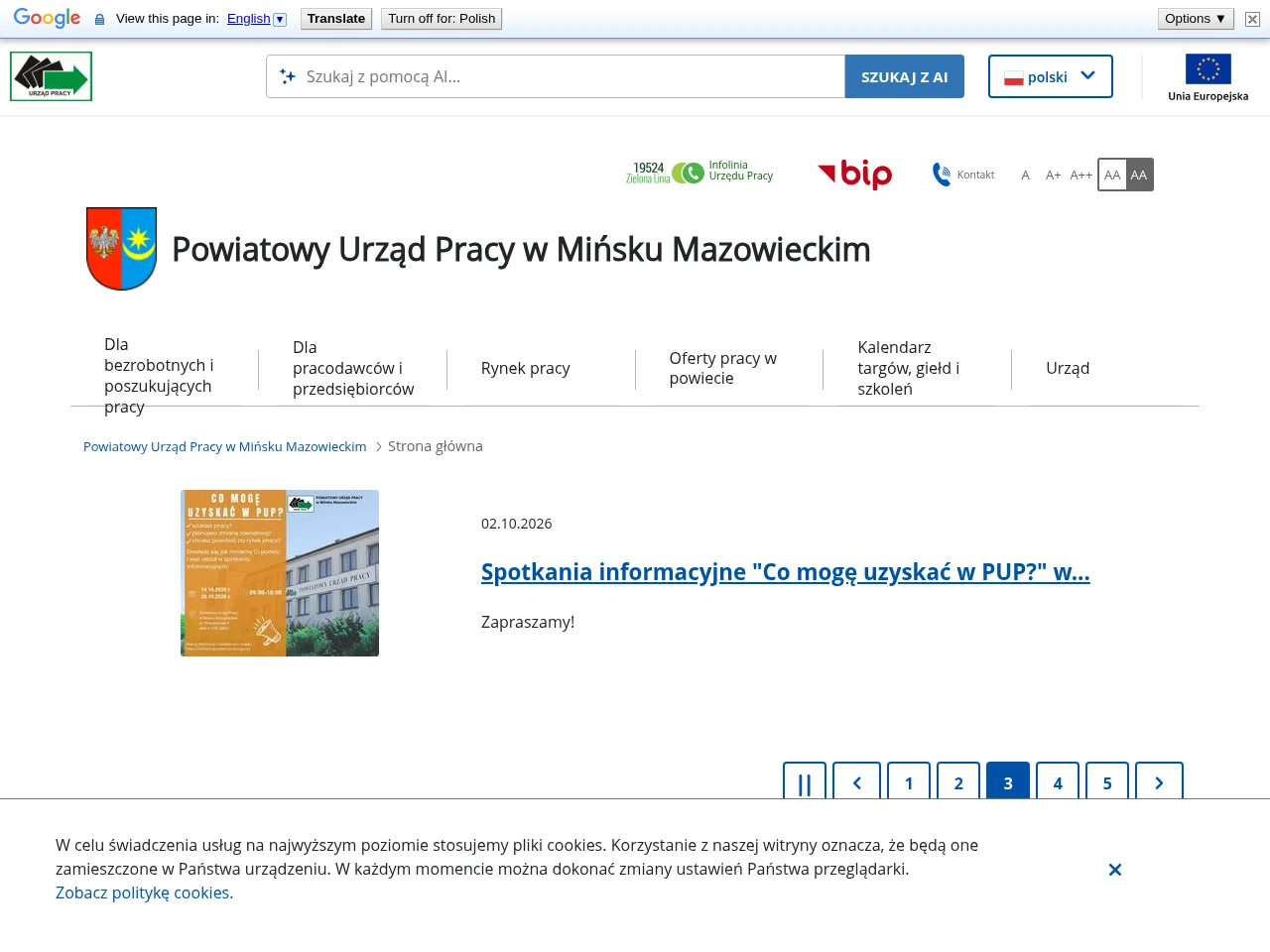 Powiatowy Urząd Pracy w Mińsku Mazowieckim job board platform screenshot showing job search interface